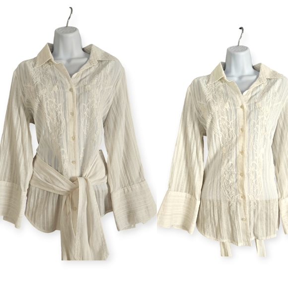 NWOT Coldwater Creek white embroidered lace gauze sheer tie blouse top Medium - Picture 1 of 10